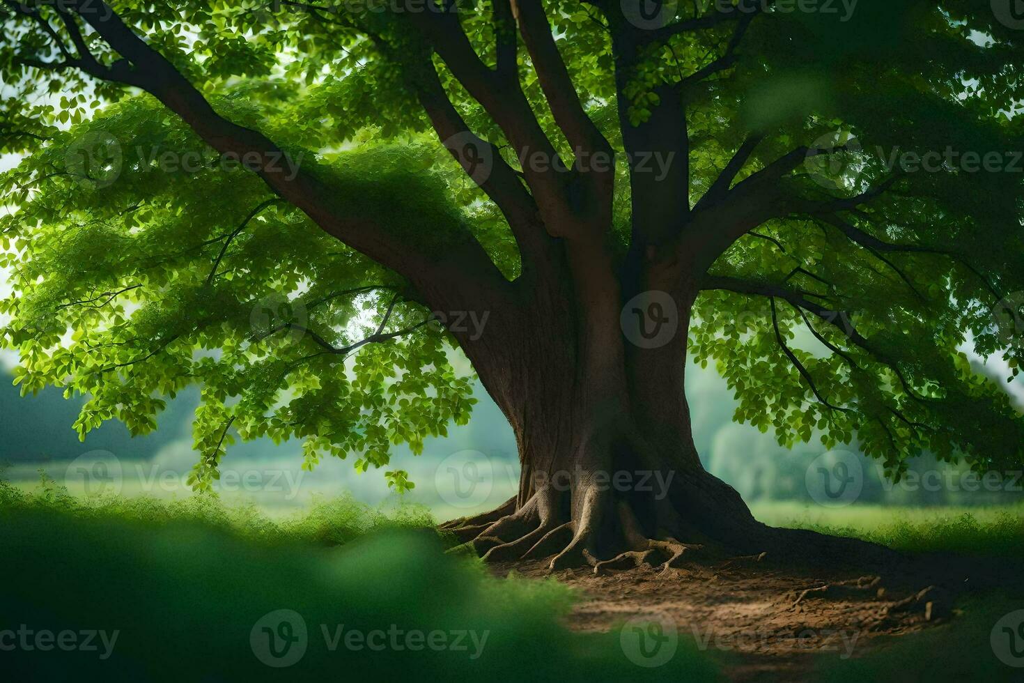 ein groß Baum mit Wurzeln im das Mitte von ein Feld. KI-generiert foto
