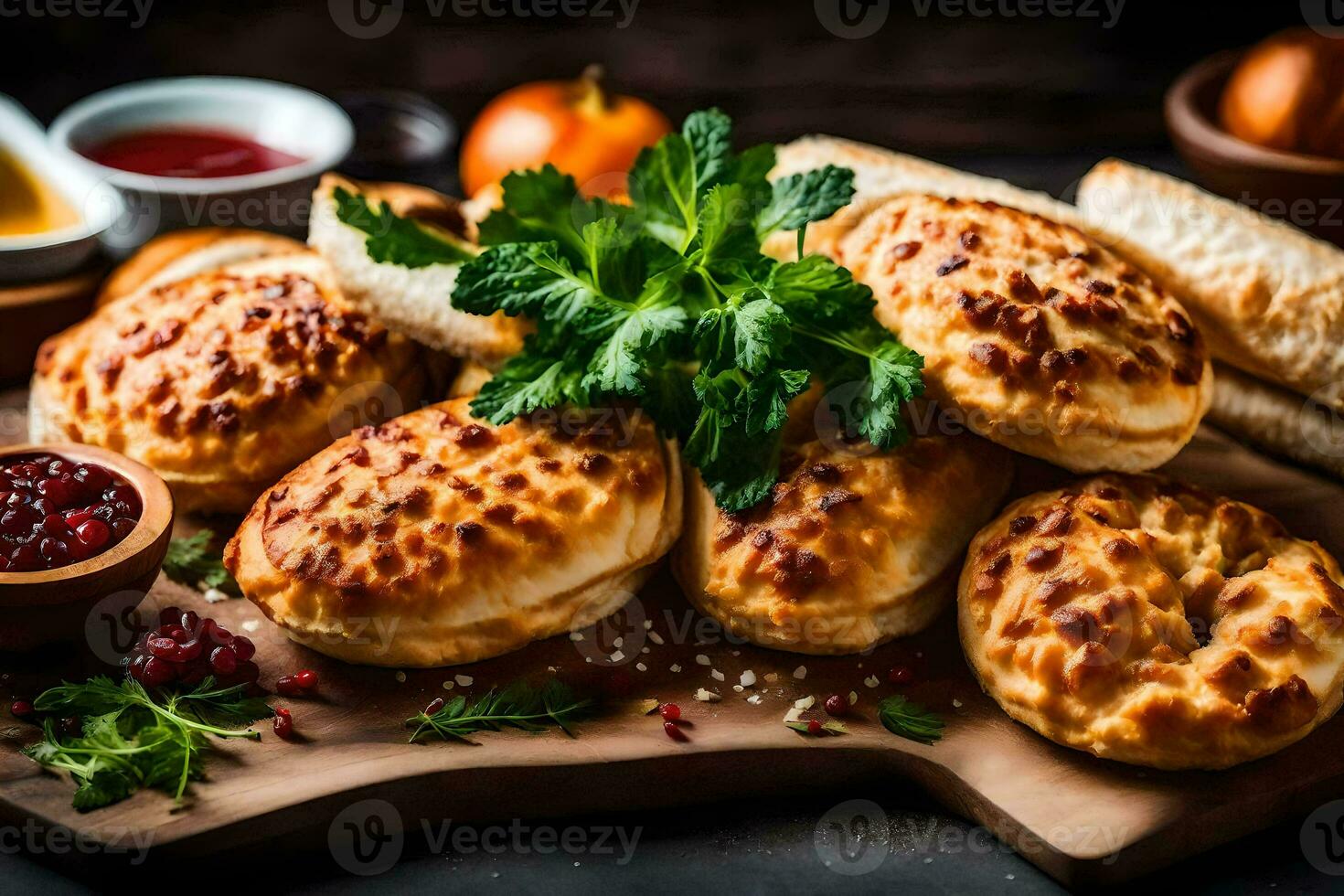 pastös Brot mit Käse und Gemüse auf ein Schneiden Tafel. KI-generiert foto