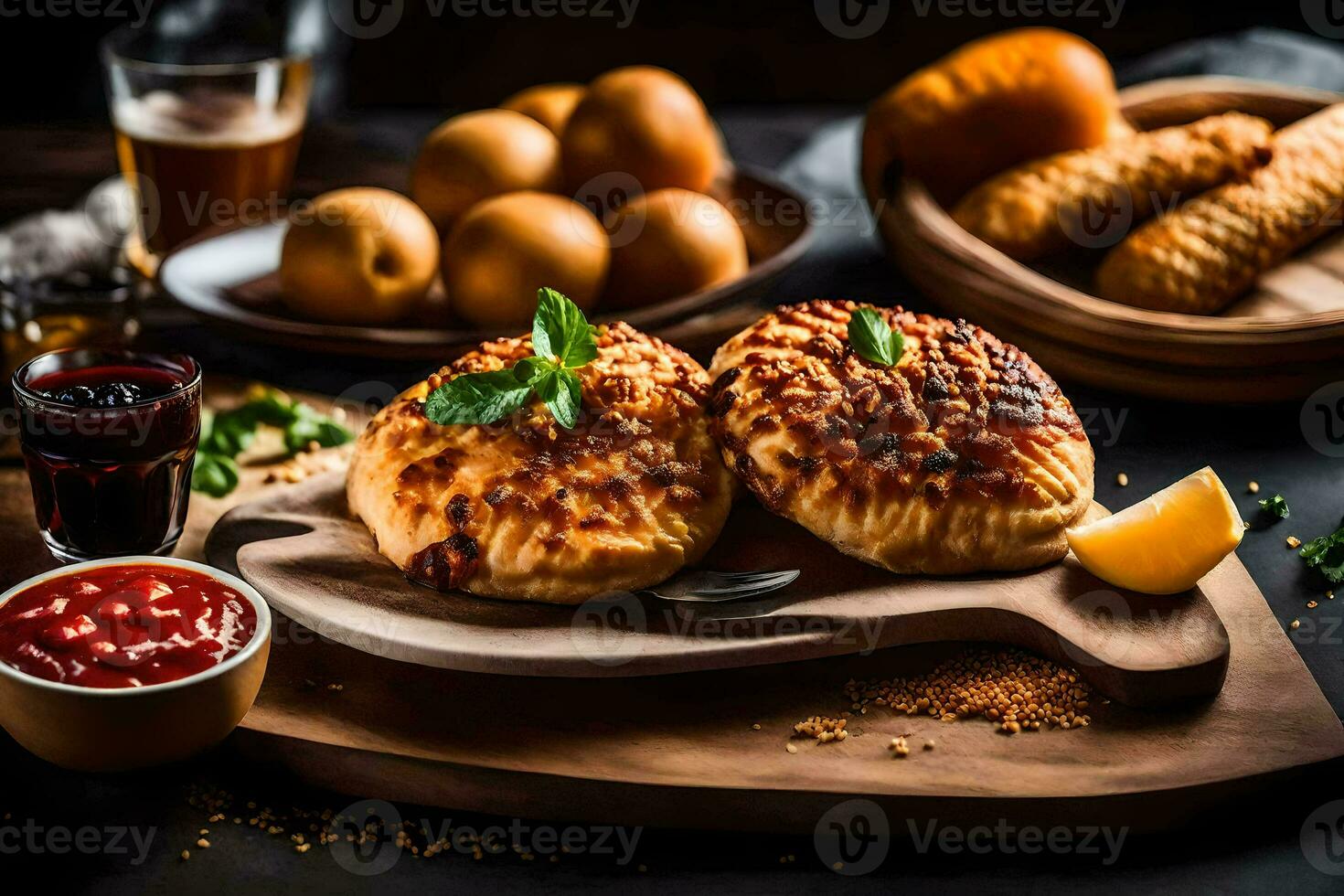 zwei Pastetchen auf ein hölzern Schneiden Tafel mit Brot und andere Lebensmittel. KI-generiert foto