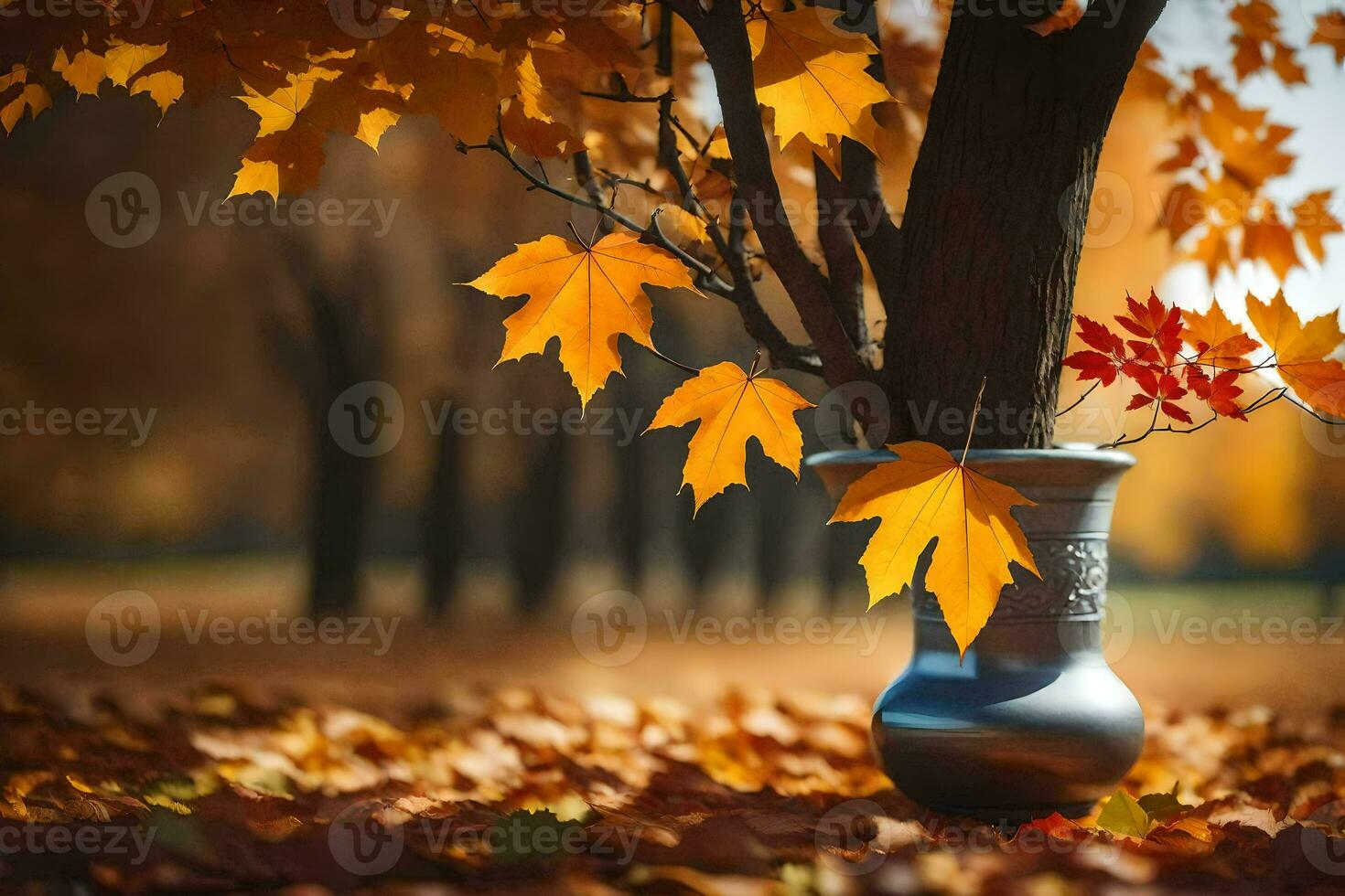 ein Vase mit Blätter auf das Boden im Vorderseite von ein Baum. KI-generiert foto