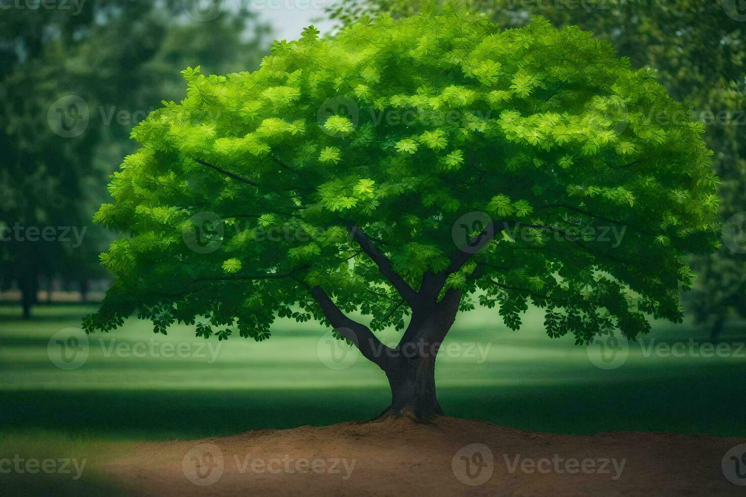 ein Baum im ein Park mit Grün Blätter. KI-generiert foto