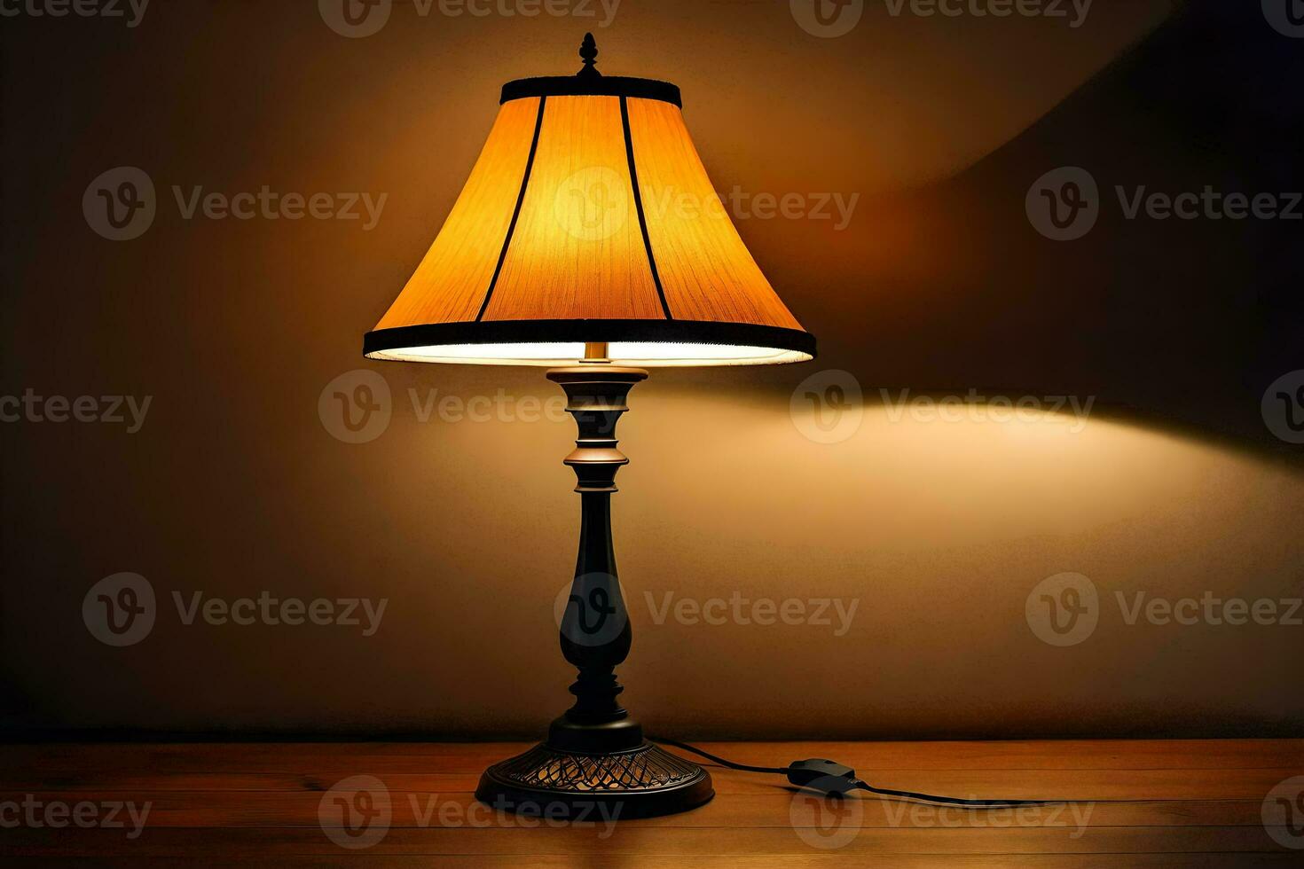 ein Lampe auf ein Tabelle im ein dunkel Zimmer. KI-generiert foto