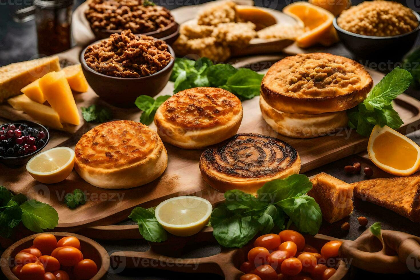 ein Vielfalt von Essen auf ein hölzern Schneiden Tafel. KI-generiert foto