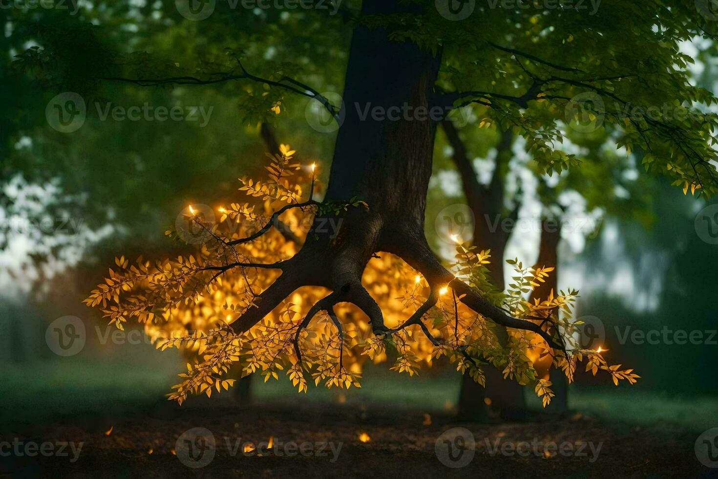 ein Baum mit Beleuchtung auf es im das dunkel. KI-generiert foto