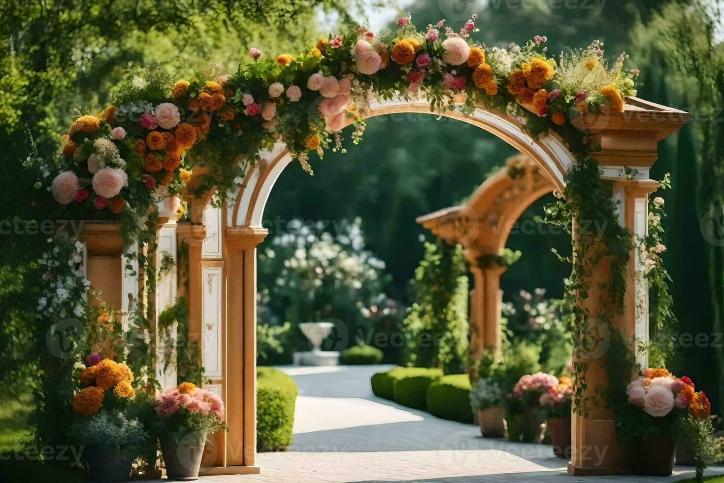 ein Torbogen mit Blumen und Grün. KI-generiert foto