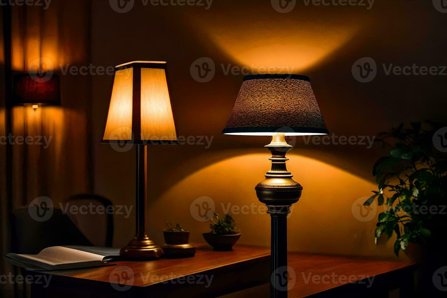 ein Lampe auf ein Tabelle im ein dunkel Zimmer. KI-generiert foto