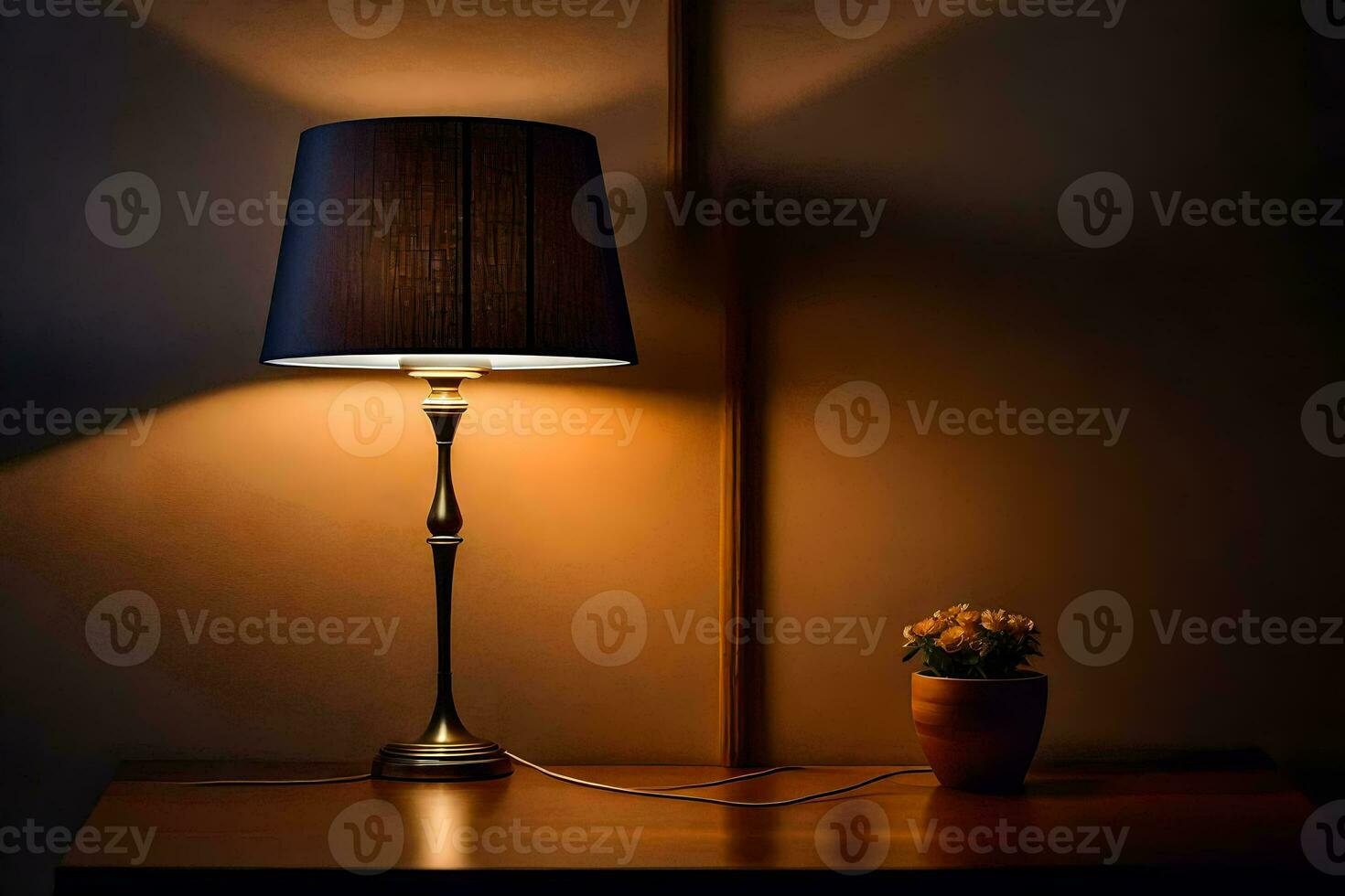 ein Lampe auf ein Tabelle im Vorderseite von ein Mauer. KI-generiert foto