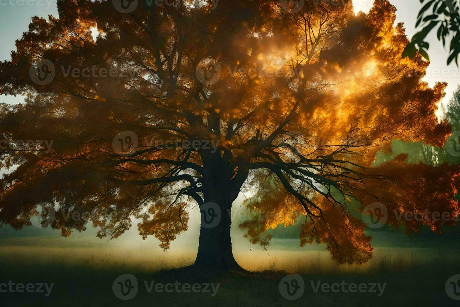 ein groß Baum mit Orange Blätter im das Mitte von ein Feld. KI-generiert foto