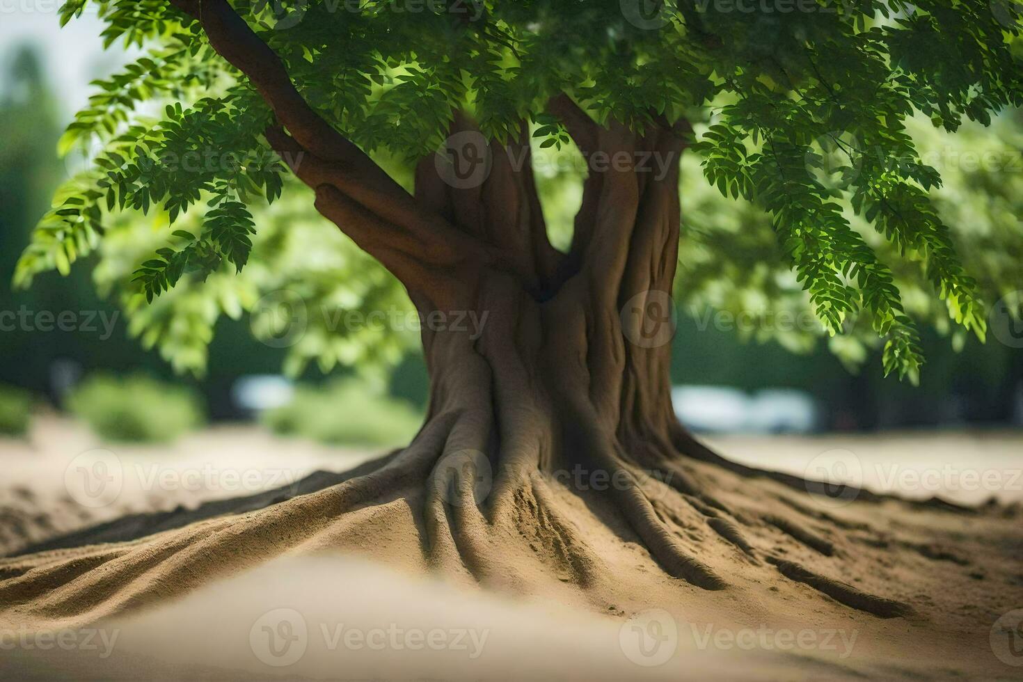 ein Baum mit Wurzeln im das Sand. KI-generiert foto