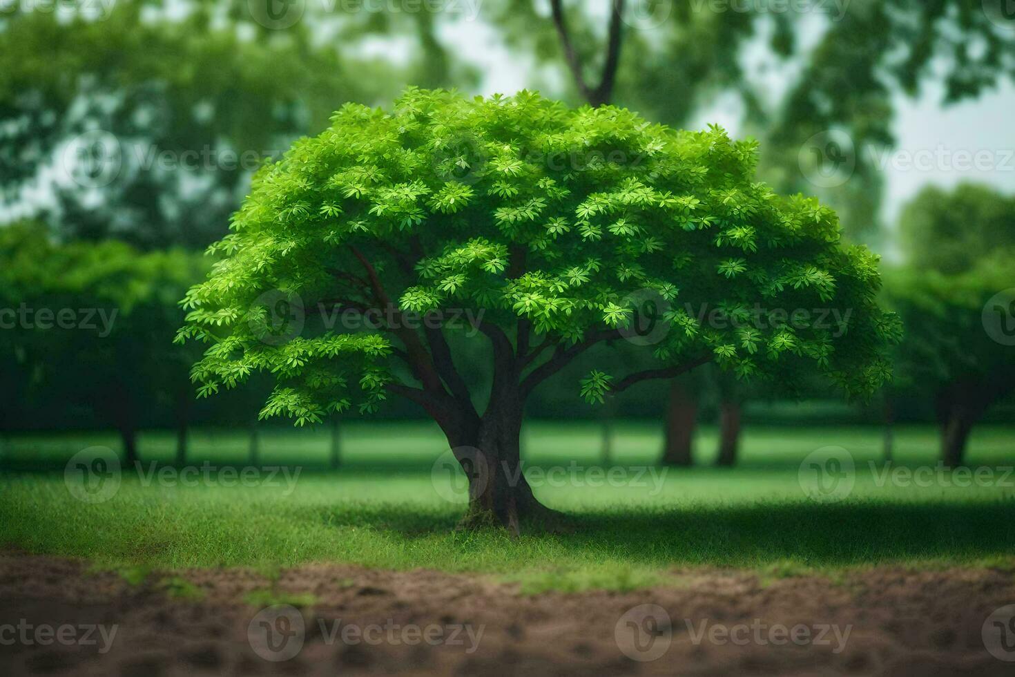 ein Baum im ein Feld mit Grün Blätter. KI-generiert foto