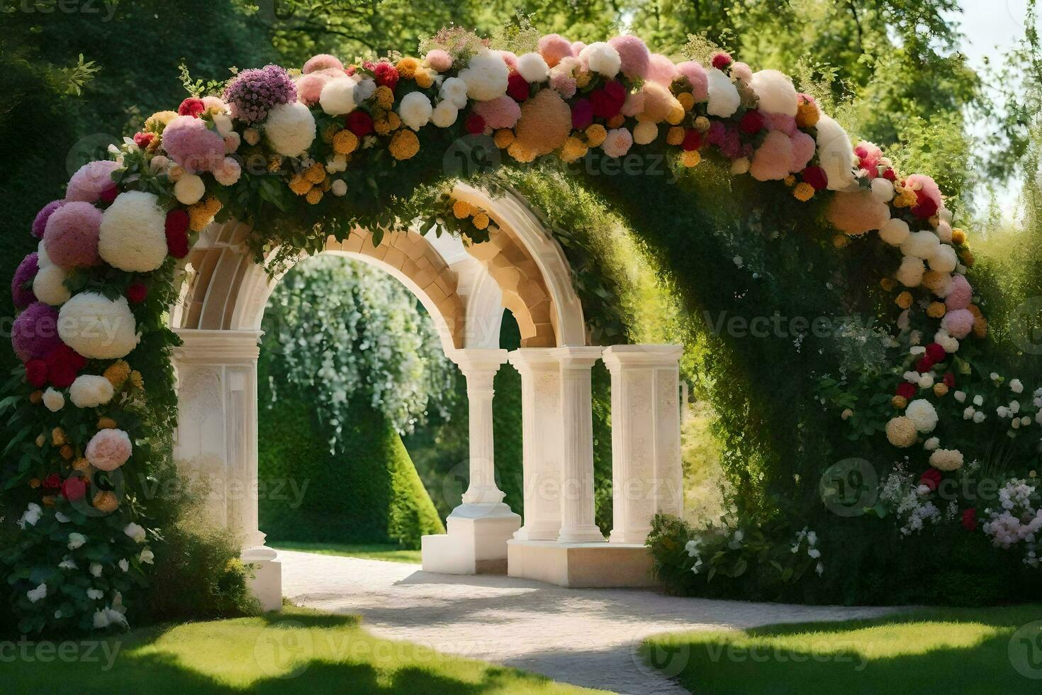 ein Hochzeit Bogen gemacht von Blumen im das Garten. KI-generiert foto
