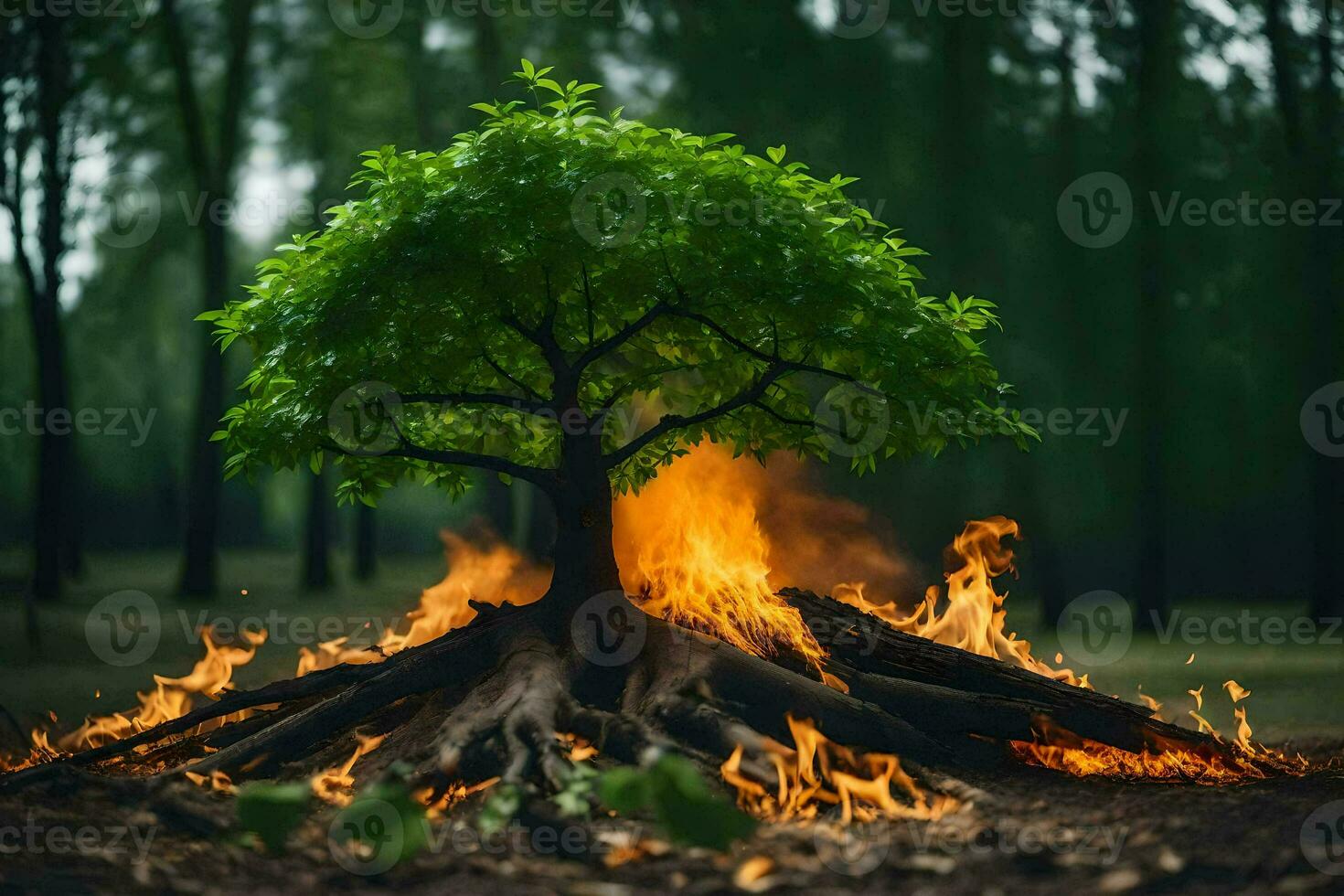 ein Baum mit Flammen und Rauch Kommen aus von Es. KI-generiert foto
