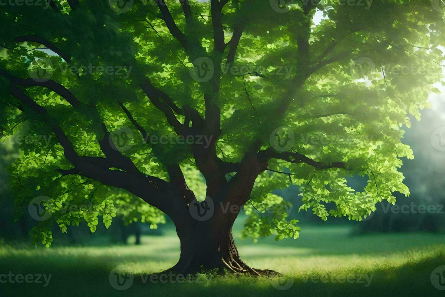 ein Baum ist gezeigt im das Sonnenlicht mit Grün Blätter. KI-generiert foto