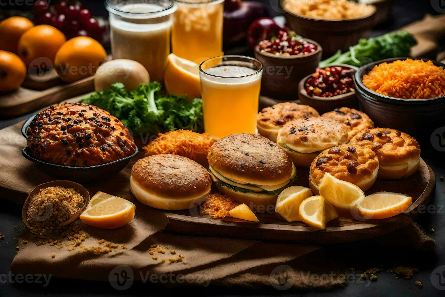 verschiedene Lebensmittel einschließlich brot, Orangen, Milch und Saft. KI-generiert foto