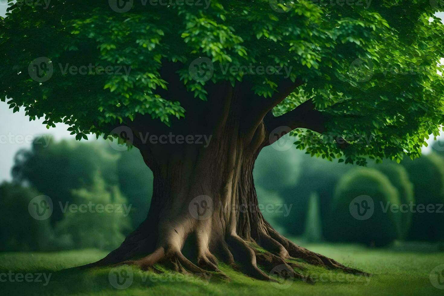 ein Baum mit Wurzeln im das Gras. KI-generiert foto