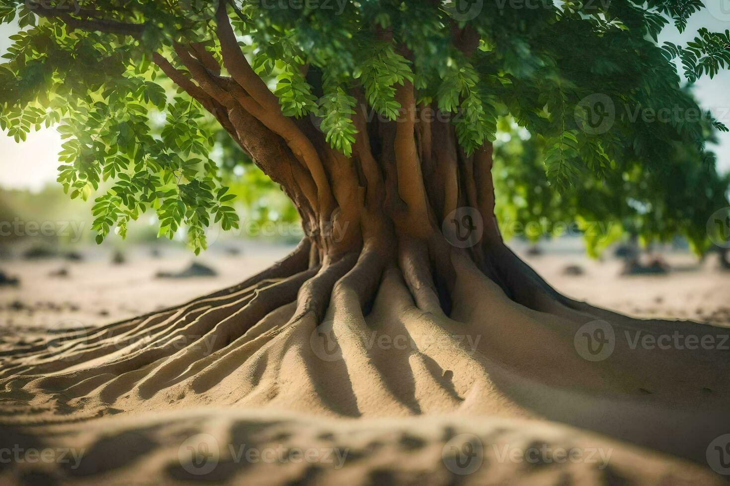 ein Baum mit Wurzeln im das Sand. KI-generiert foto