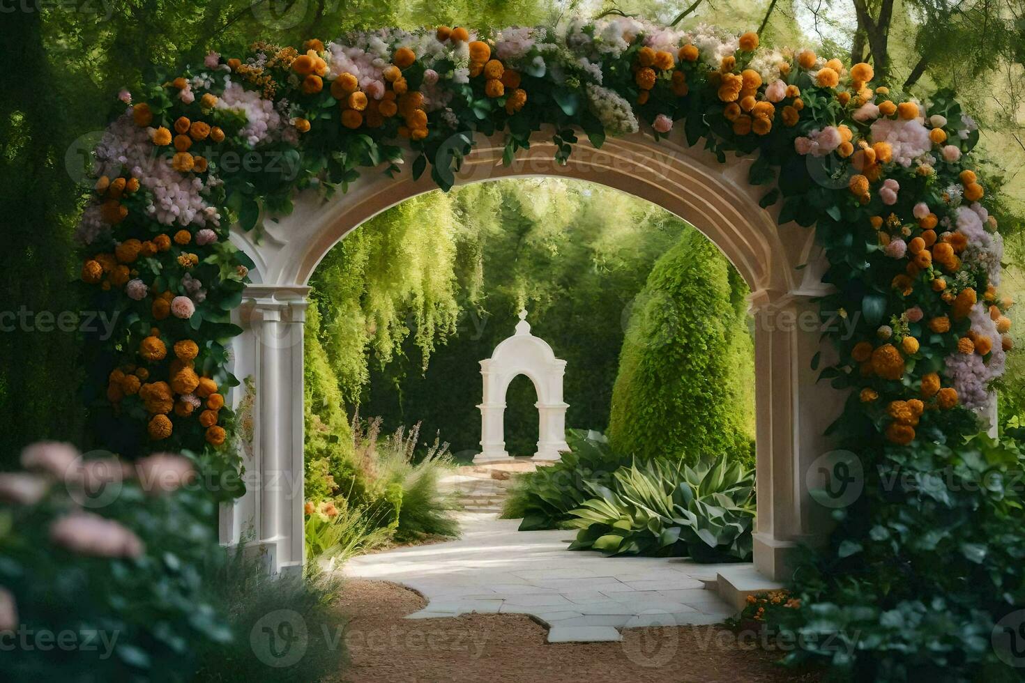 ein Hochzeit Bogen mit Orange Blumen und Grün. KI-generiert foto