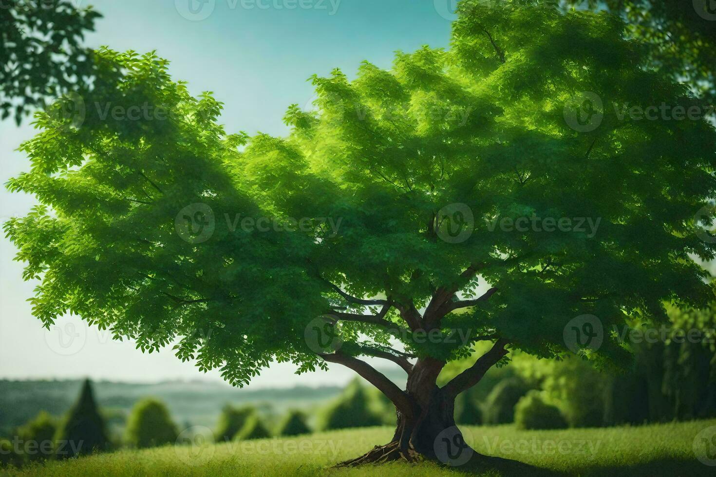 ein Baum im ein Feld mit Grün Blätter. KI-generiert foto