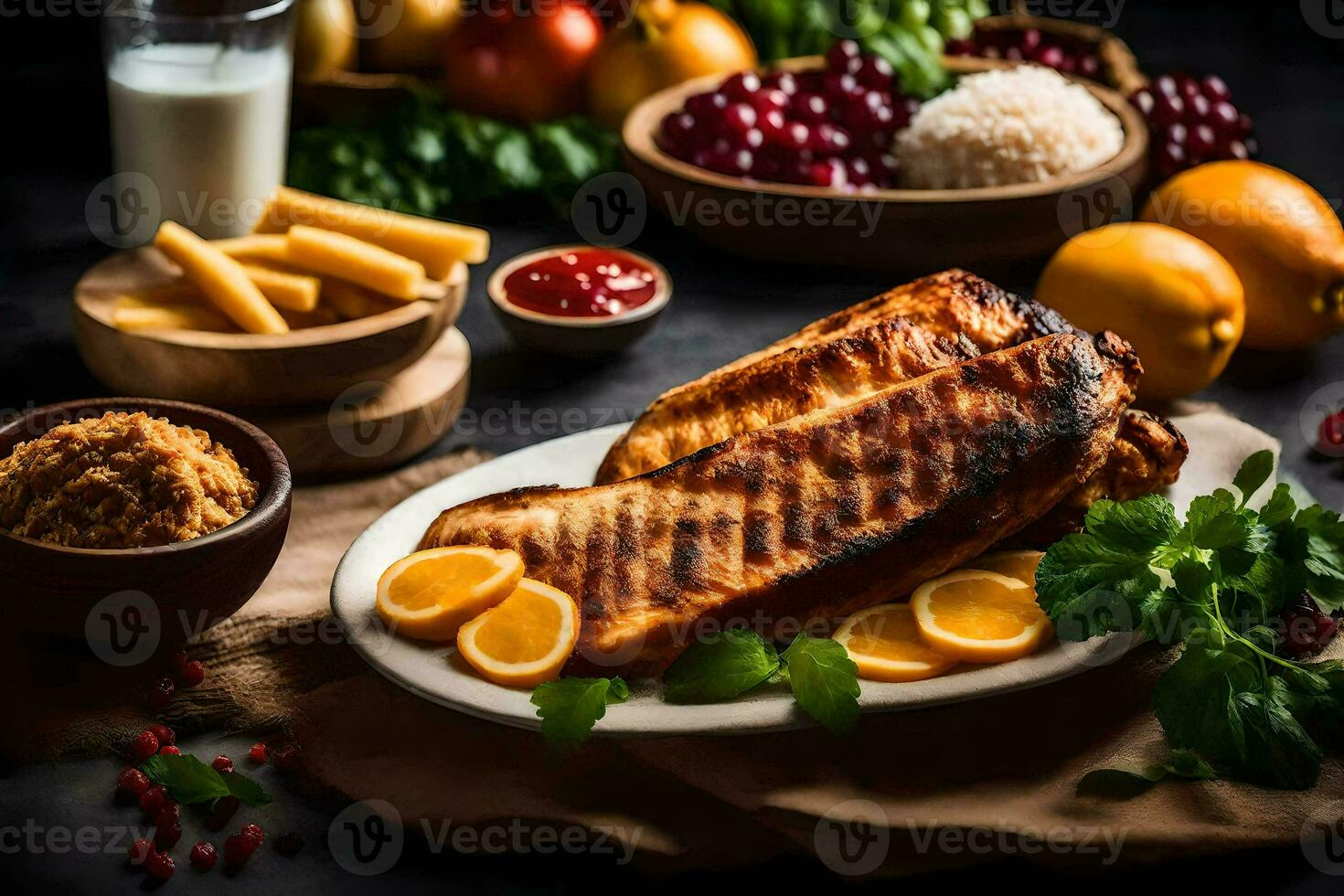 gegrillt Fisch mit Orange Scheiben und Gemüse. KI-generiert foto