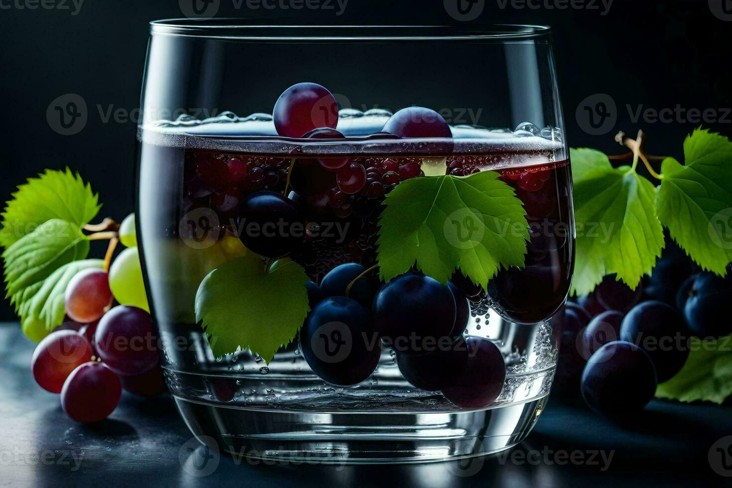 ein Glas von Wasser mit Trauben und Blätter. KI-generiert foto