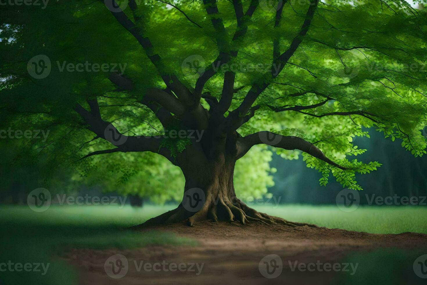 ein groß Baum im das Mitte von ein Feld. KI-generiert foto