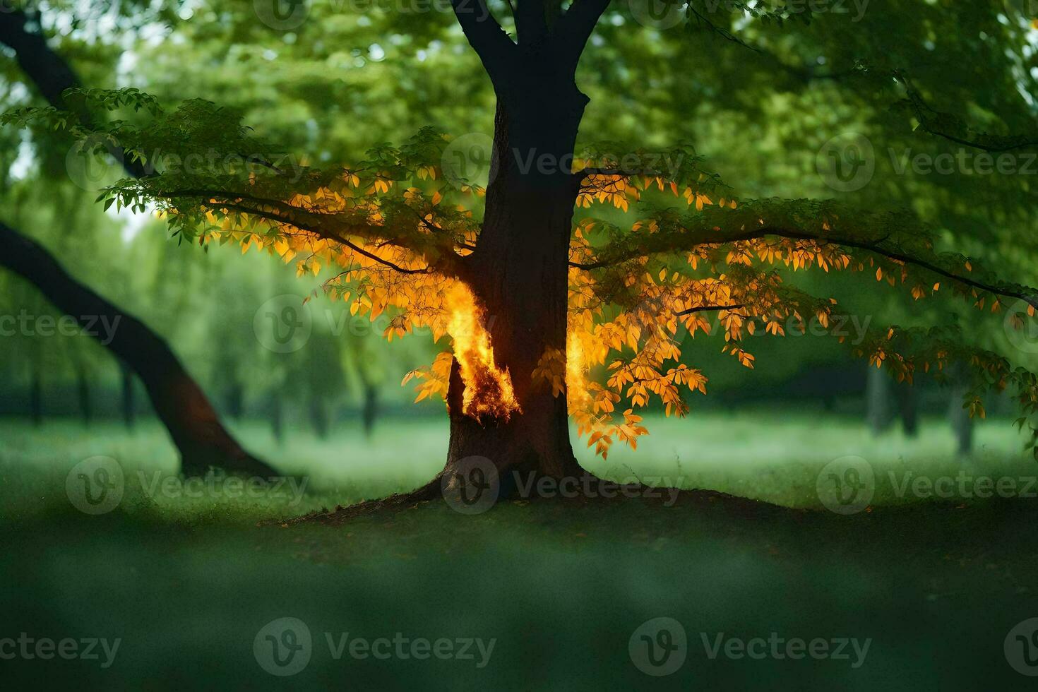 ein Baum mit ein Feuer Verbrennung im das Mitte von Es. KI-generiert foto