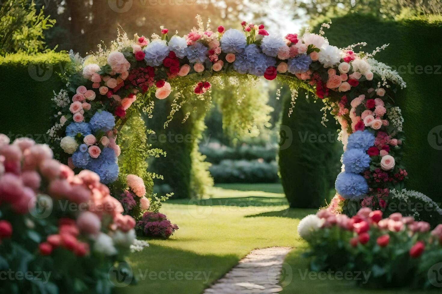 ein Torbogen mit Blumen im das Garten. KI-generiert foto