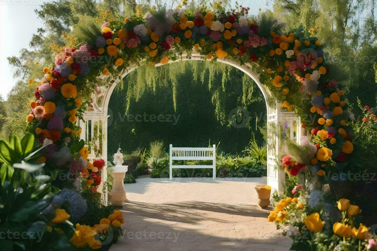 ein Hochzeit Bogen gemacht von Blumen im das Garten. KI-generiert foto