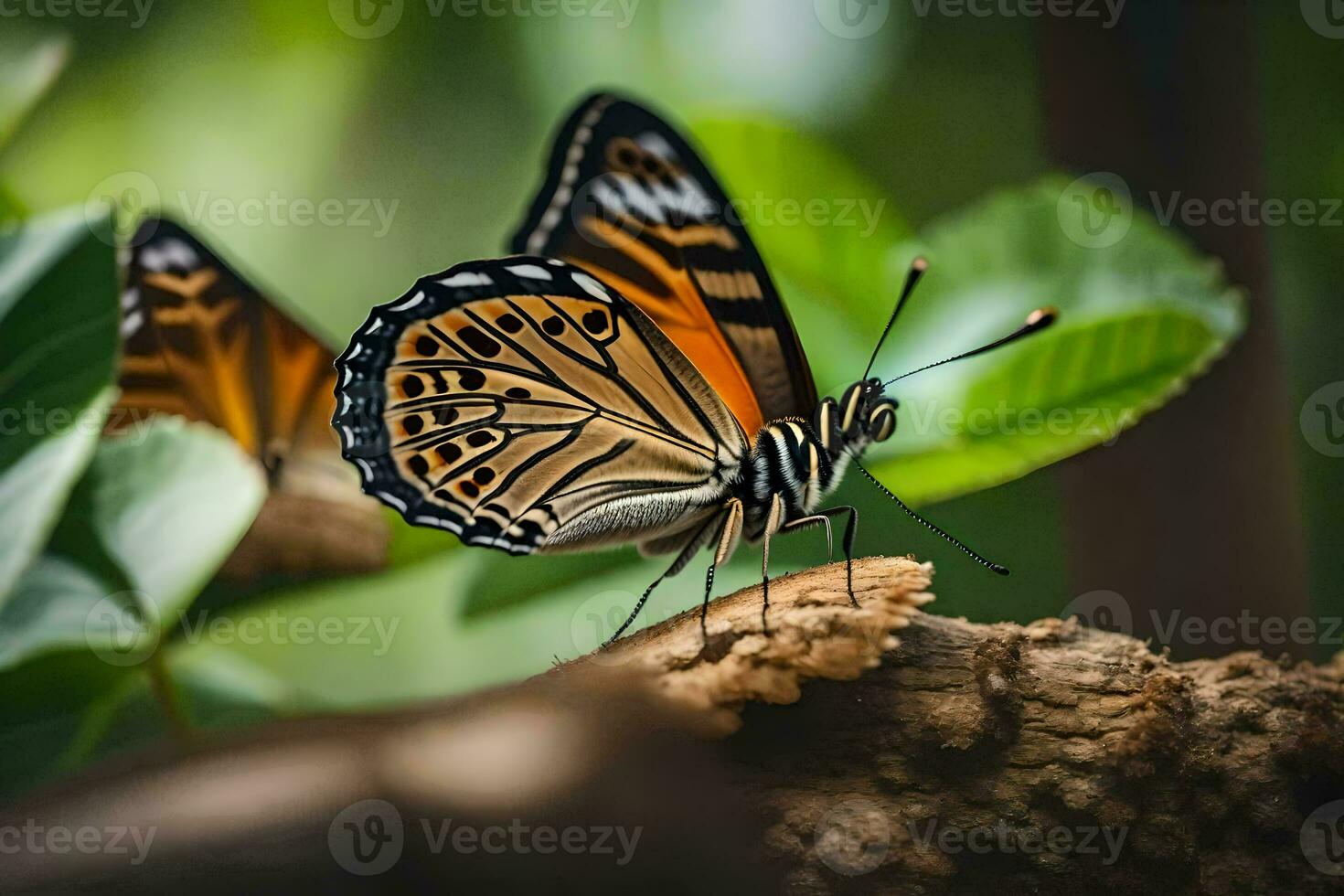 ein Schmetterling ist Sitzung auf ein Ast im das Wald. KI-generiert foto