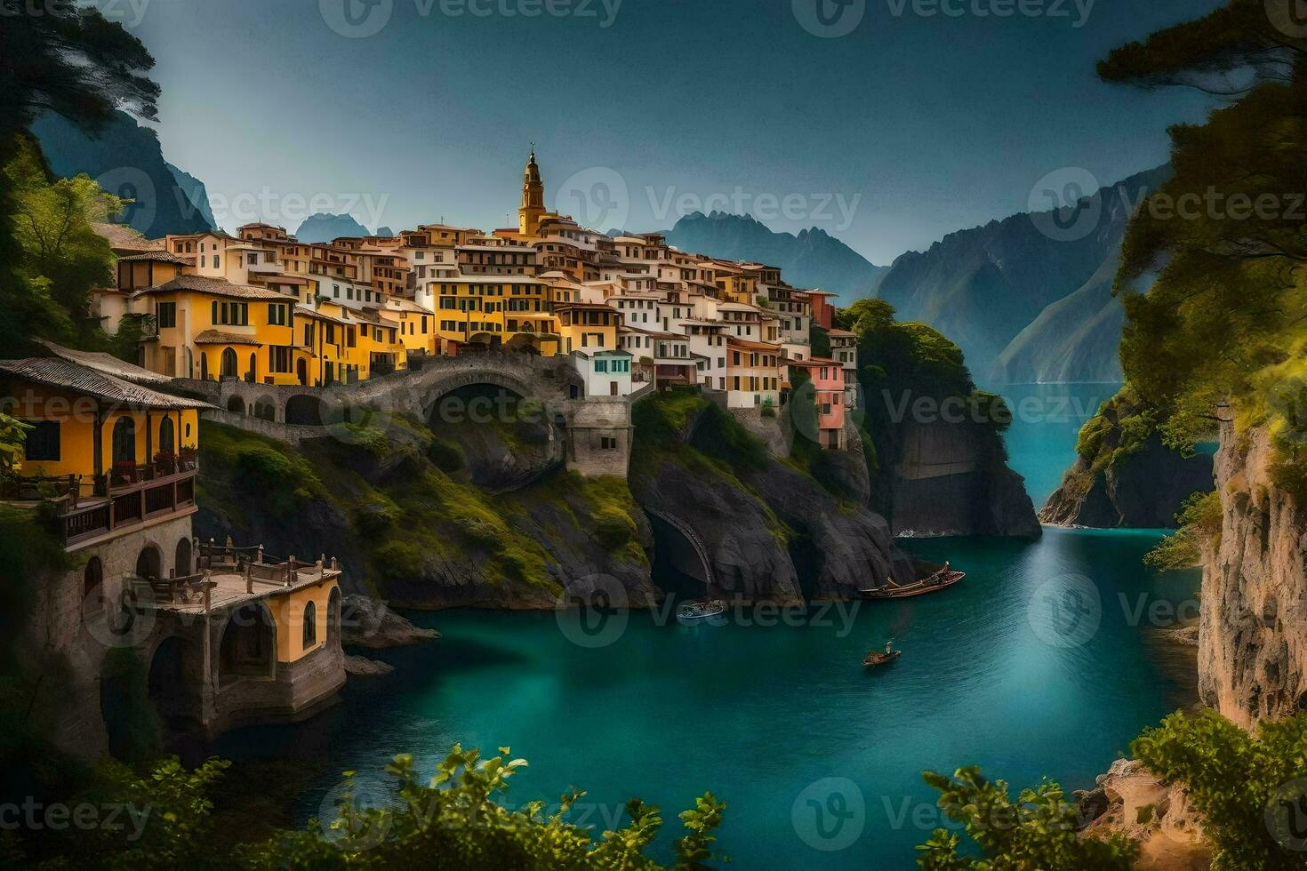 das Dorf von Italien ist umgeben durch Berge und Wasser. KI-generiert foto