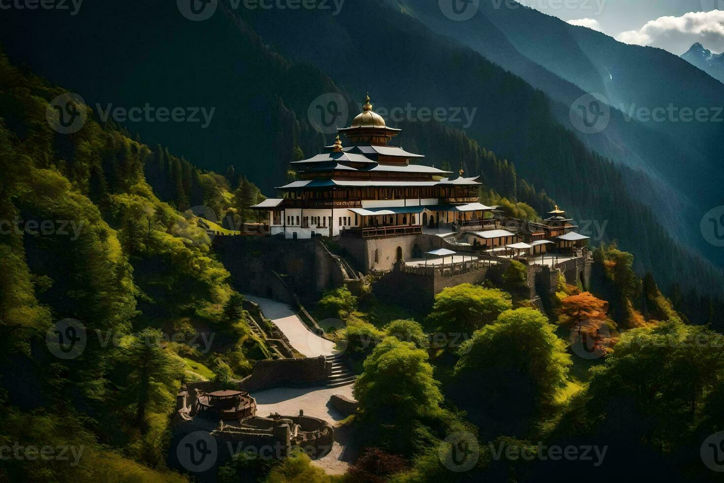 ein Buddhist Tempel im das Berge. KI-generiert foto