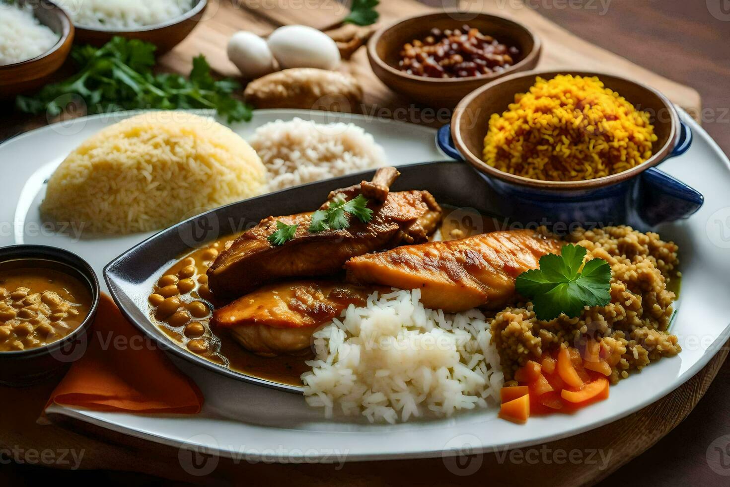 ein Teller von Essen mit Reis, Huhn, Gemüse und Reis. KI-generiert foto