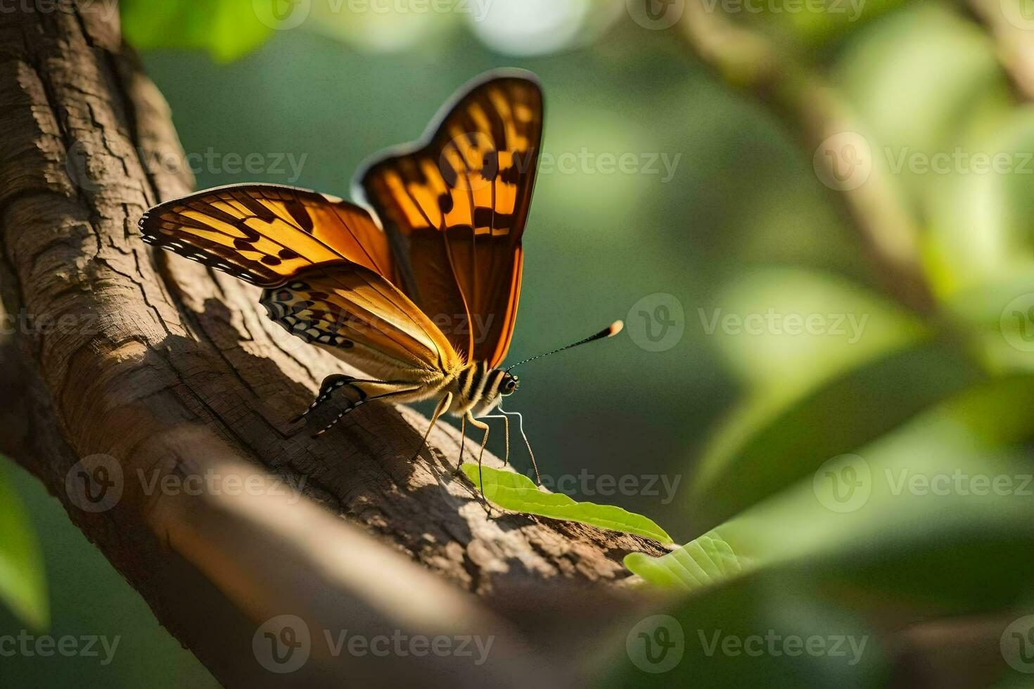 ein Schmetterling ist Sitzung auf ein Ast im das Sonne. KI-generiert foto