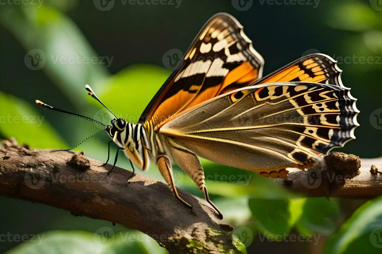 ein Schmetterling ist Sitzung auf ein Ast mit Grün Blätter. KI-generiert foto