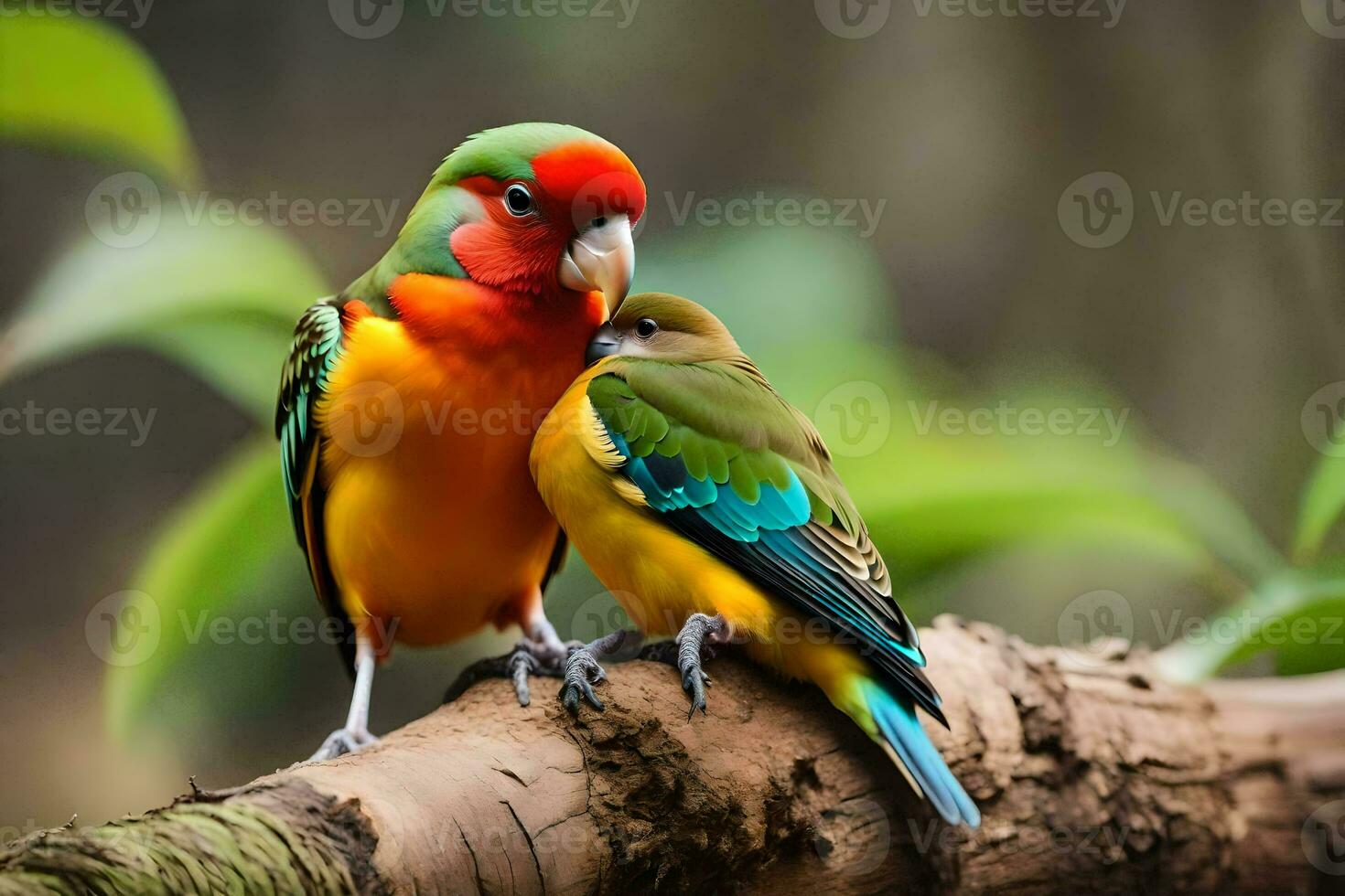 zwei bunt Vögel Sitzung auf ein Ast. KI-generiert foto