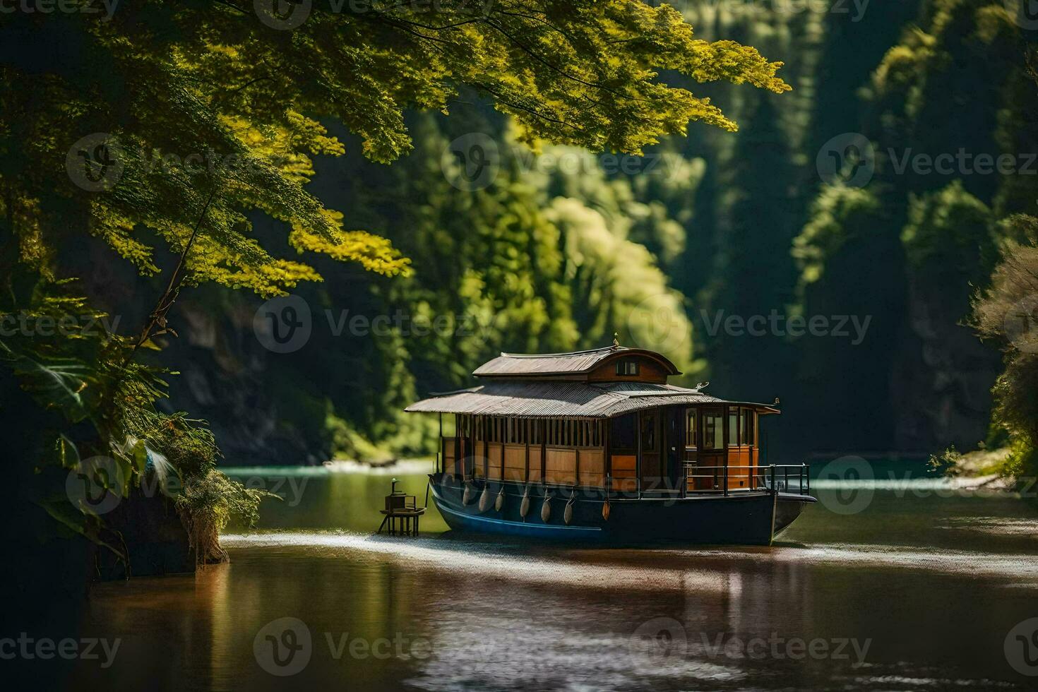 ein Boot ist Reisen Nieder ein Fluss im das Wald. KI-generiert foto