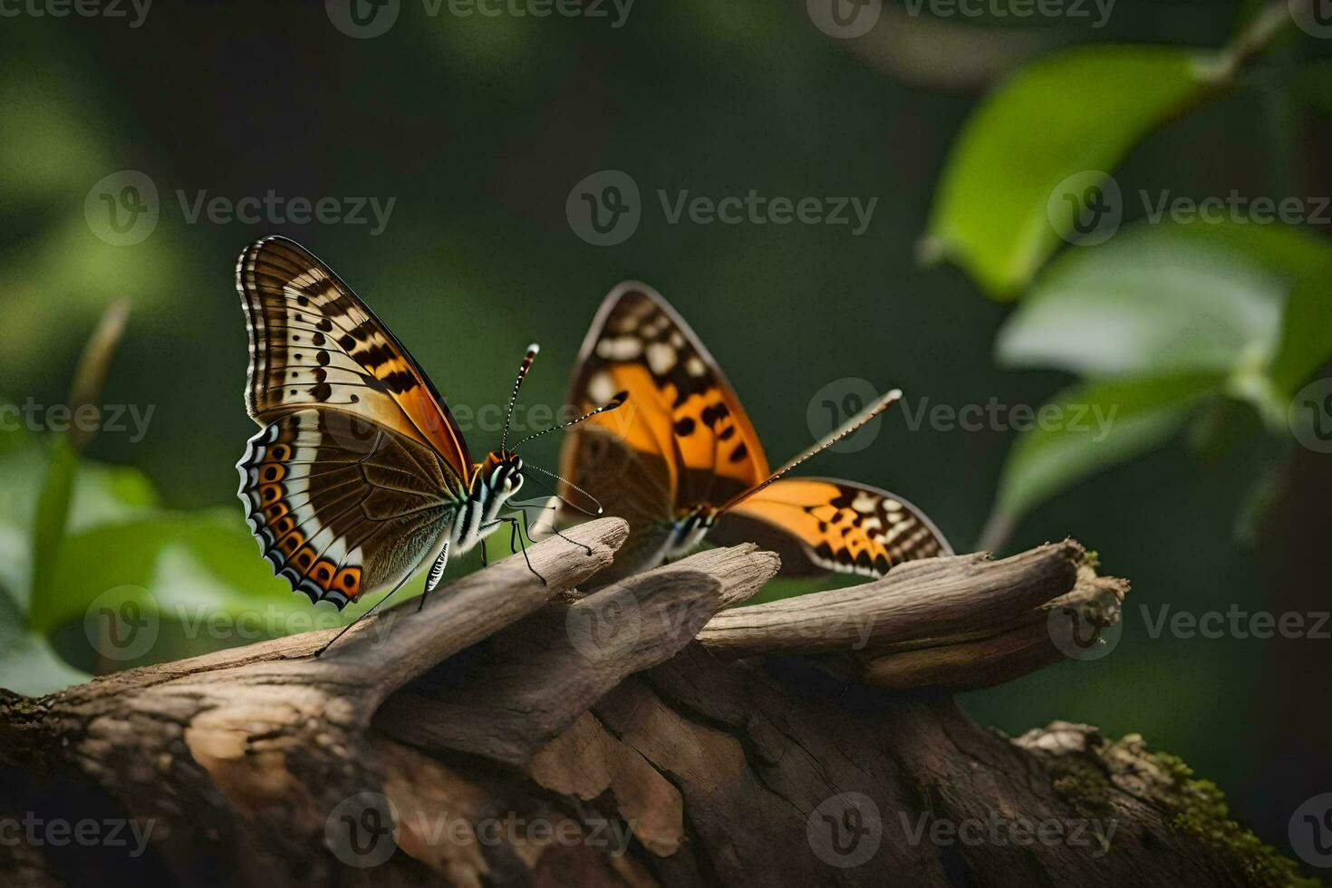 zwei Schmetterlinge sind Sitzung auf ein Log im das Wald. KI-generiert foto
