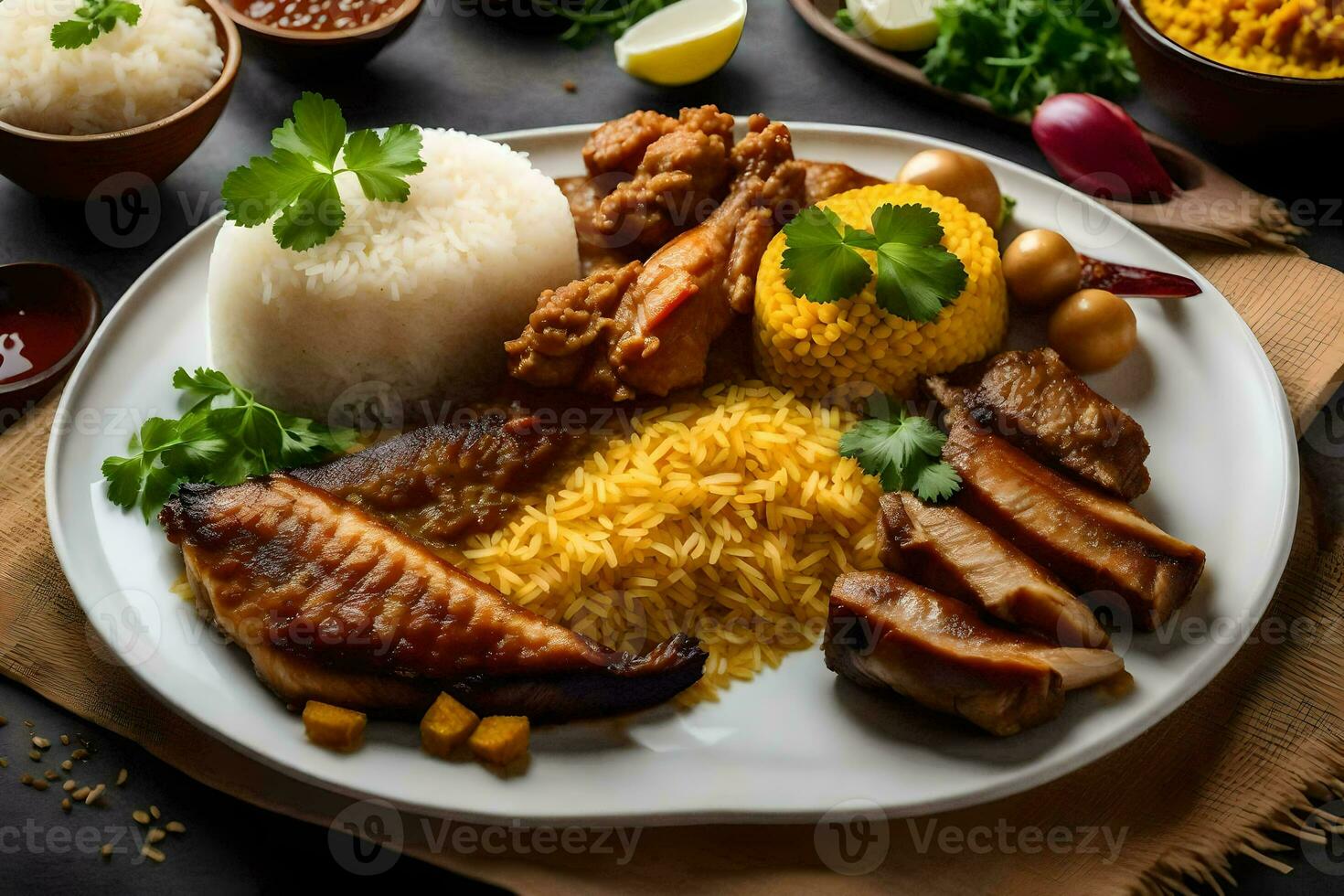 ein Teller von Essen mit Reis, Hähnchen und Gemüse. KI-generiert foto