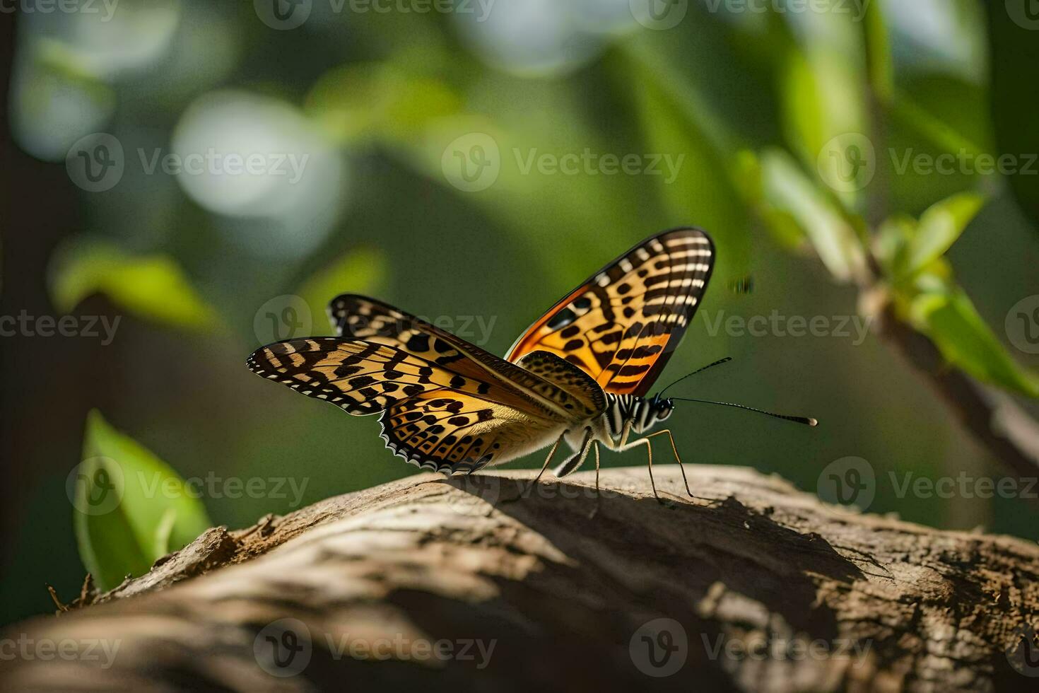 Schmetterling auf Baum Ast mit Grün Blätter. KI-generiert foto