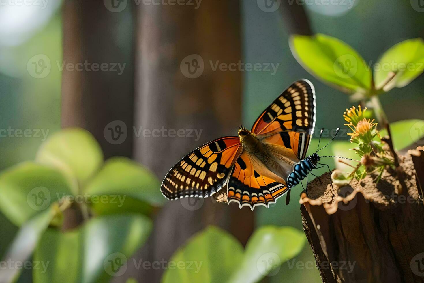 ein Schmetterling ist thront auf ein Baum Stumpf. KI-generiert foto