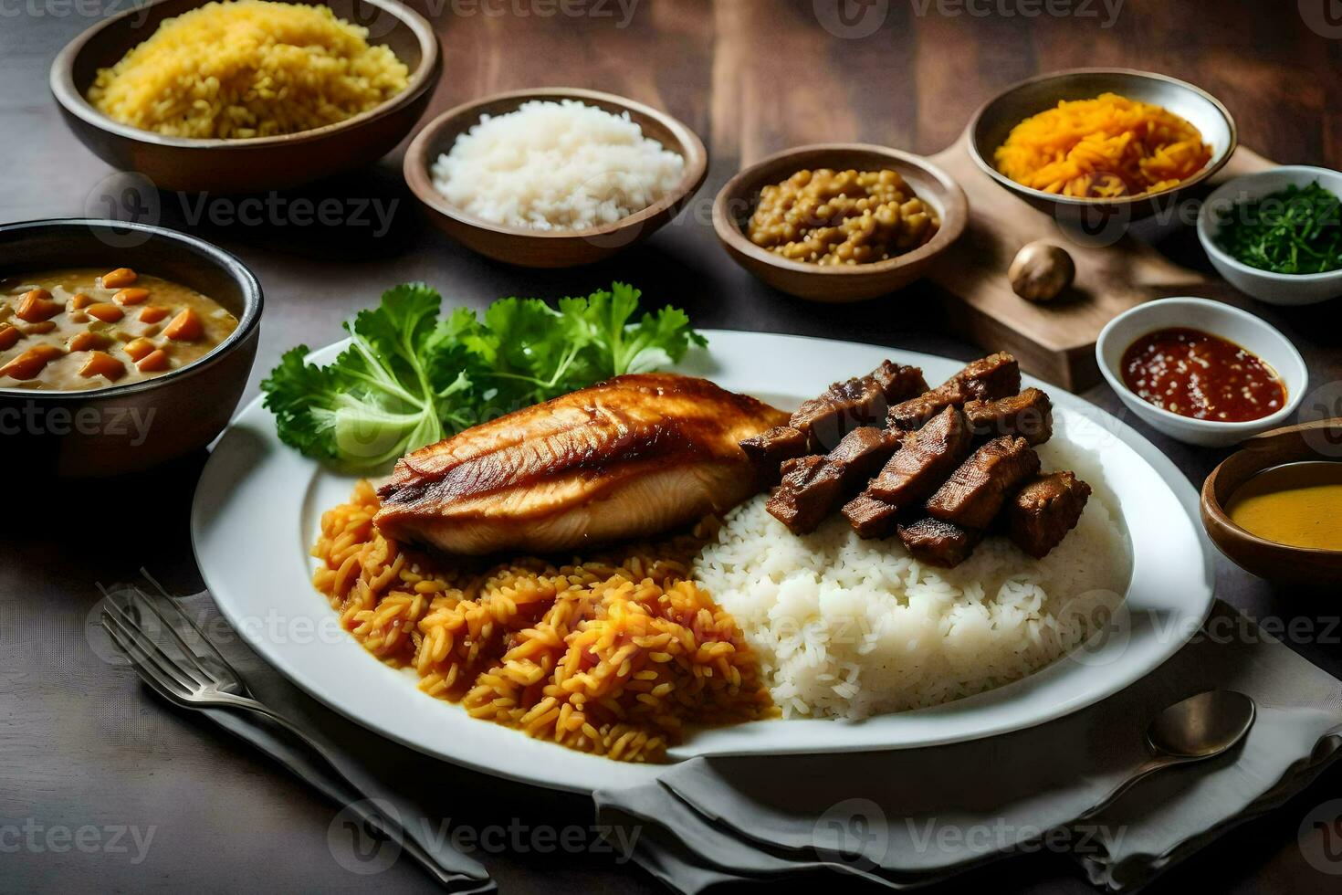 ein Teller von Essen mit Reis, Fleisch und Gemüse. KI-generiert foto