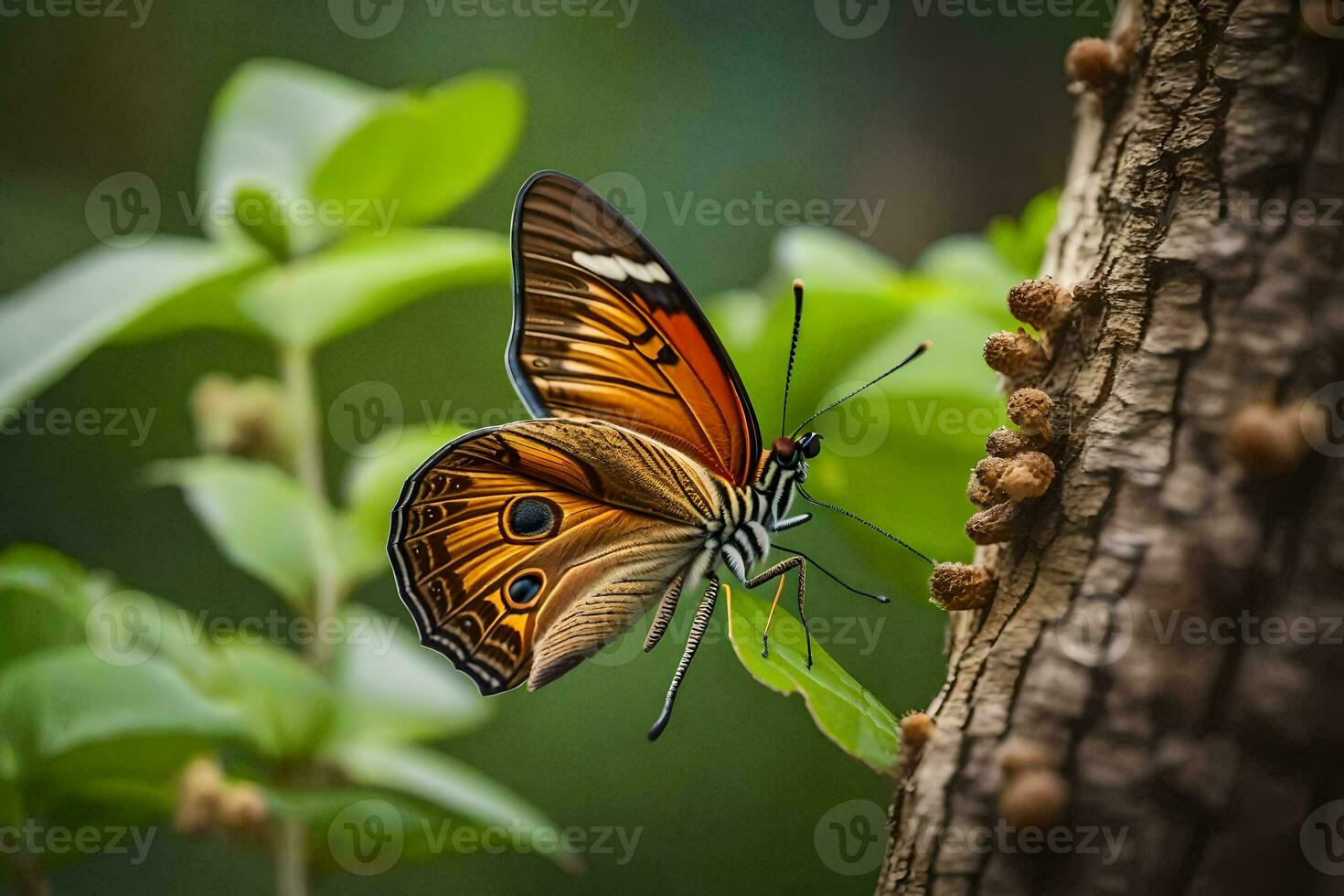 ein Schmetterling ist Sitzung auf ein Baum Stamm. KI-generiert foto