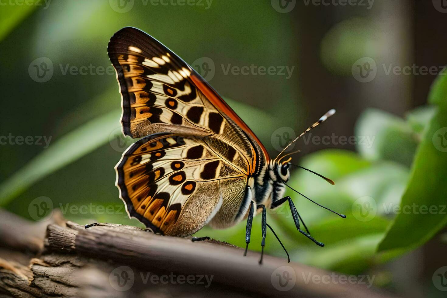 ein Schmetterling ist Sitzung auf ein Ast im das Wald. KI-generiert foto