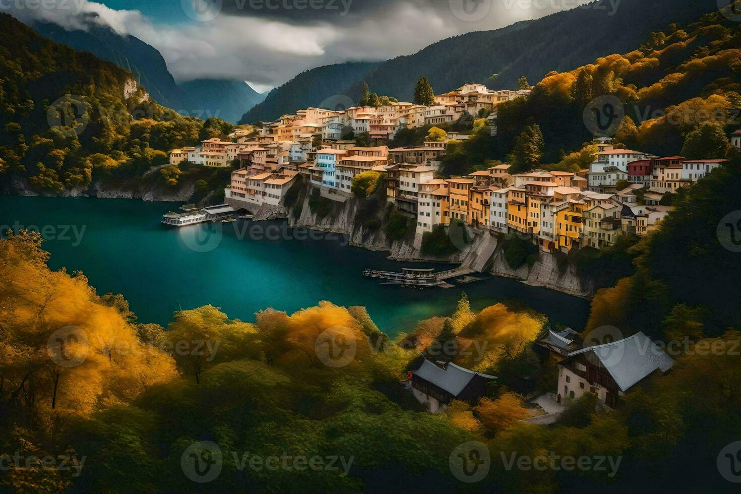 ein Dorf umgeben durch Berge und Wasser. KI-generiert foto