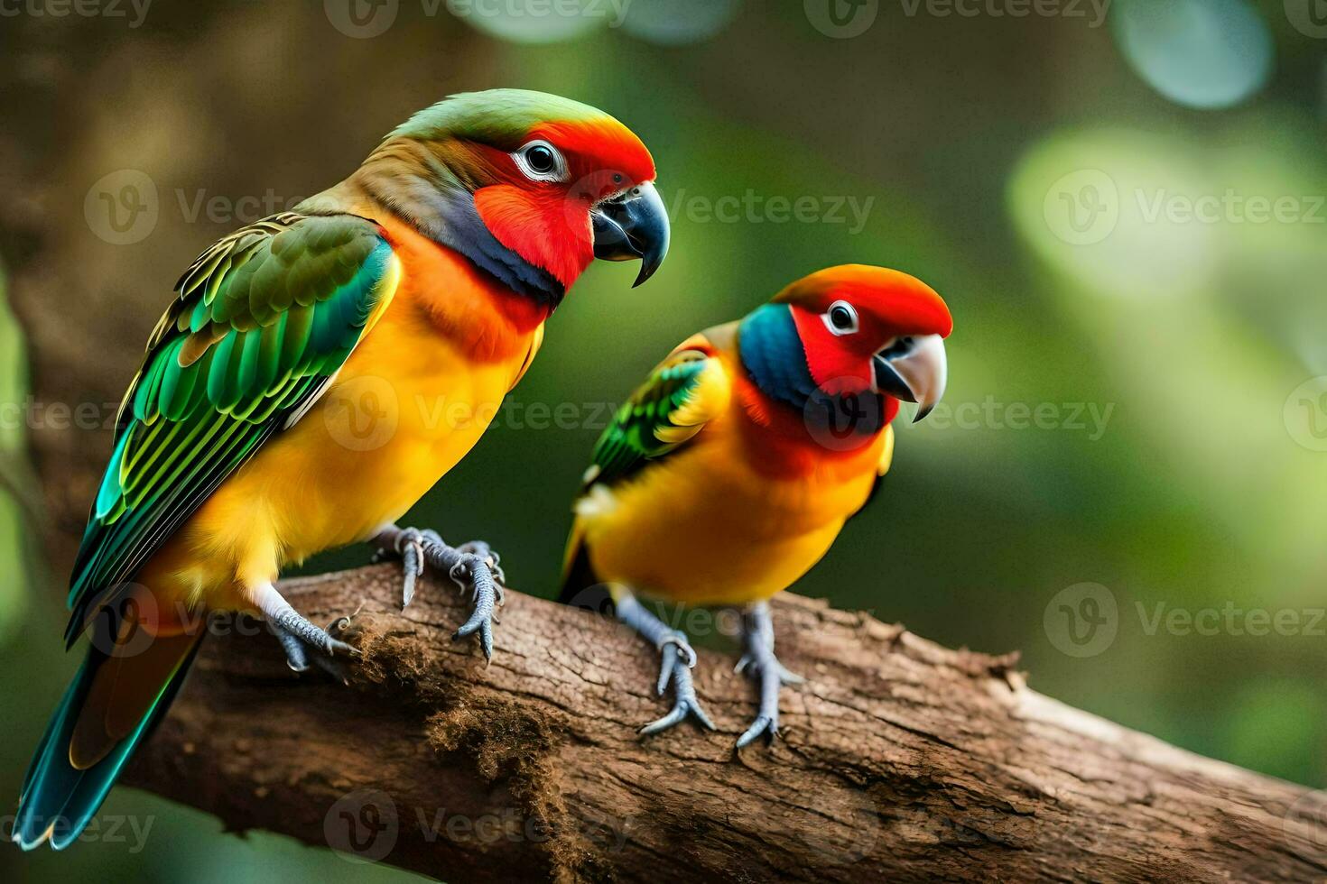 zwei bunt Vögel Sitzung auf ein Ast. KI-generiert foto