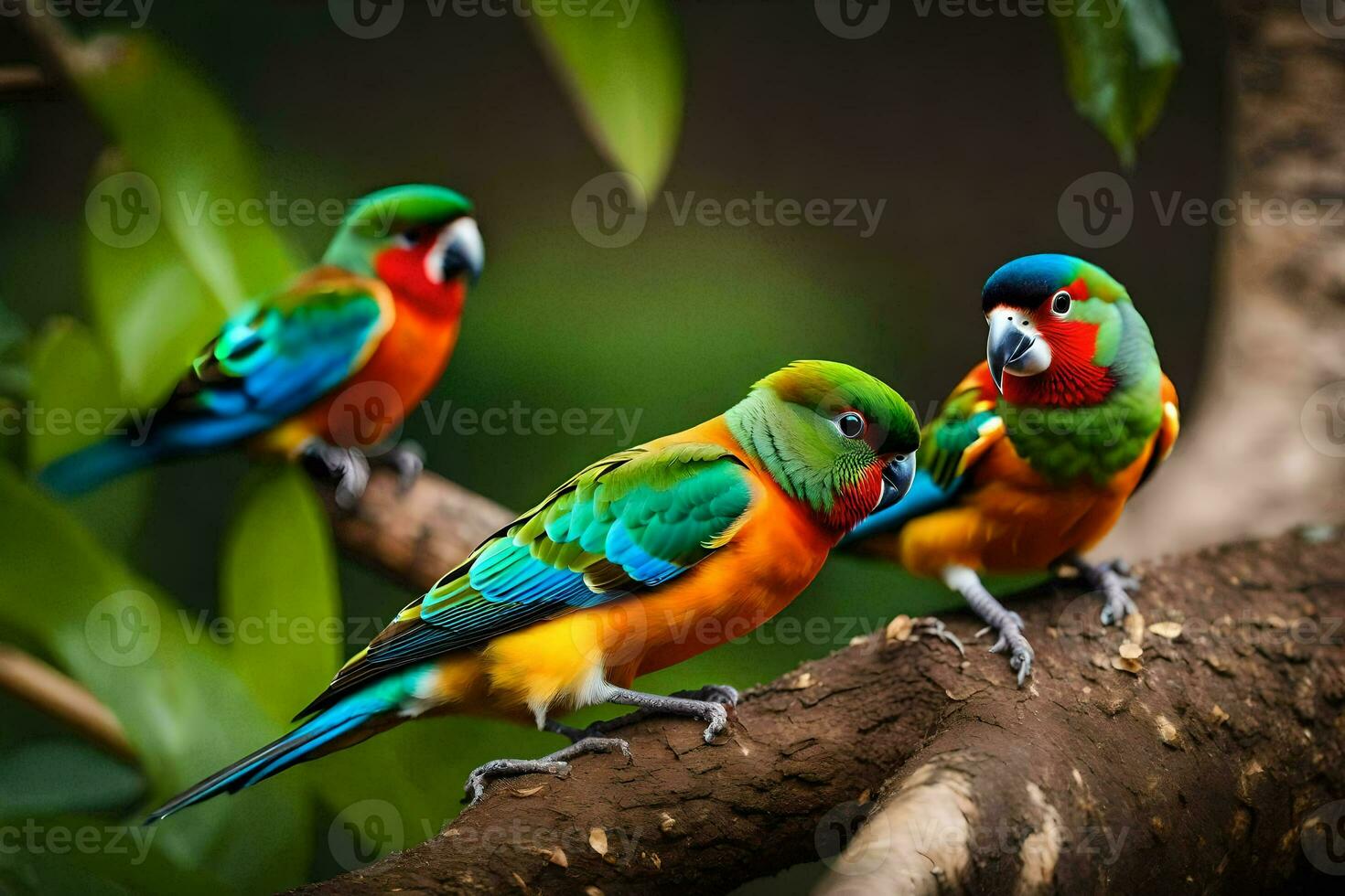 drei bunt Vögel Sitzung auf ein Ast. KI-generiert foto