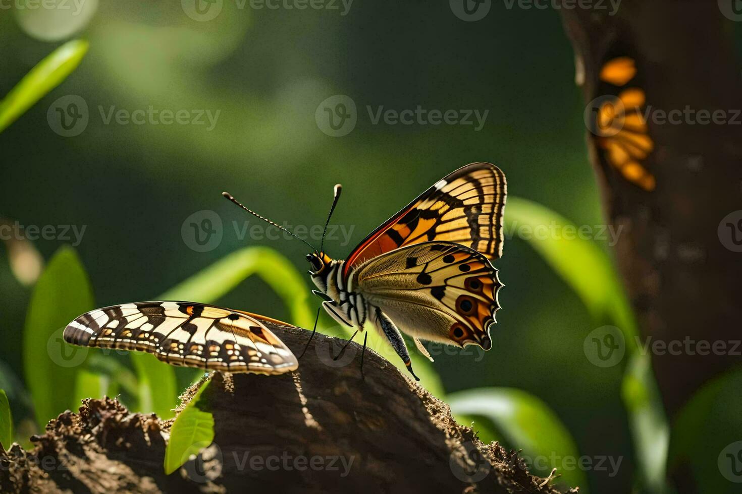 zwei Schmetterlinge sind Sitzung auf ein Baum Stumpf. KI-generiert foto