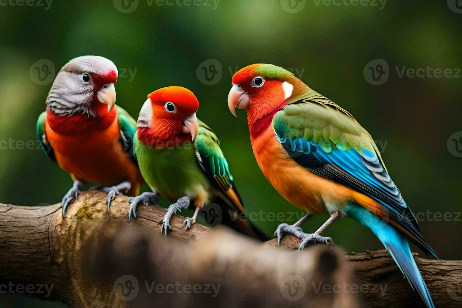 drei bunt Vögel Sitzung auf ein Ast. KI-generiert foto