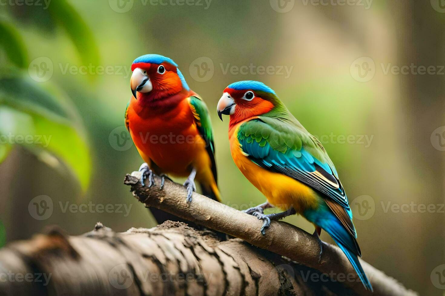 zwei bunt Vögel Sitzung auf ein Ast. KI-generiert foto