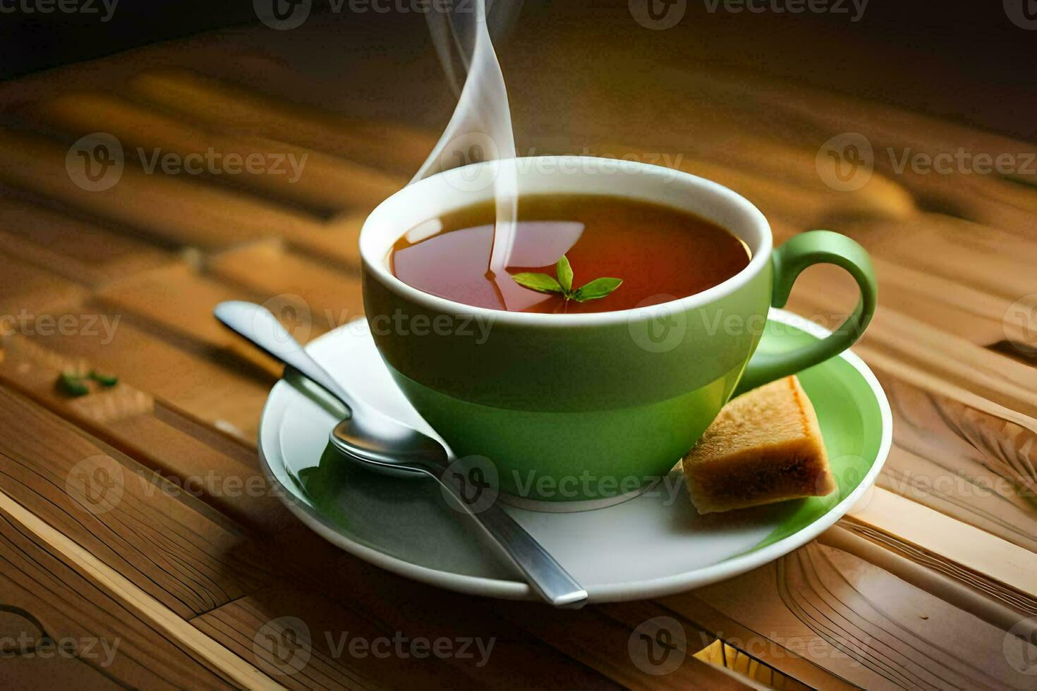 ein Tasse von Tee auf ein hölzern Tisch. KI-generiert foto